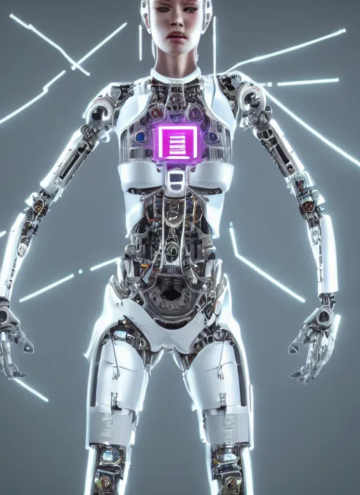 Prompt: photorealistic detailed full body picture of a female cyborg, pretty face with arm and legs, neon lights, white suit, humanoid, extreme, uhdr, book called the most influental cyborg in 2 0 5 0, fine details, highly detailed, intricate, smooth sharp focus