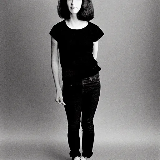 Prompt: portrait of a beautiful young woman, front view. casual clothing. studio photo by annie leibovitz.