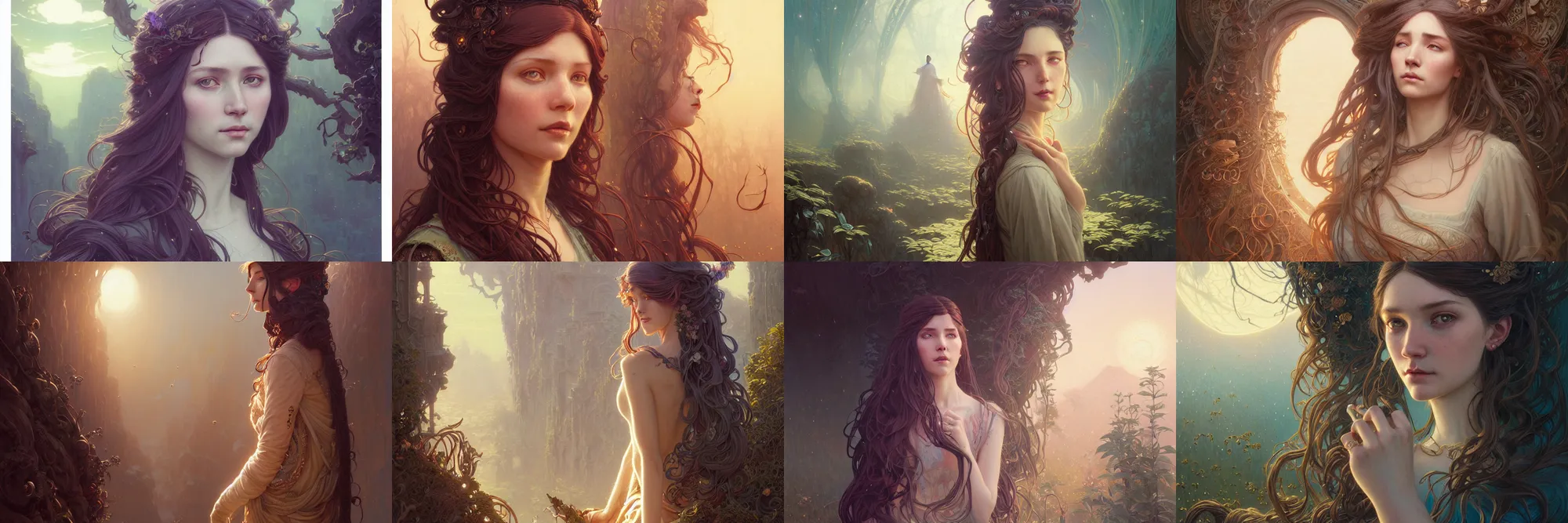 Image similar to highly detailed portrait of a woman with long hairs, stephen bliss, unreal engine, fantasy art by greg rutkowski, art nouveau, loish, rhads, ferdinand knab, makoto shinkai and lois van baarle, ilya kuvshinov, rossdraws, tom bagshaw, alphonse mucha, global illumination, radiant light, detailed and intricate environment