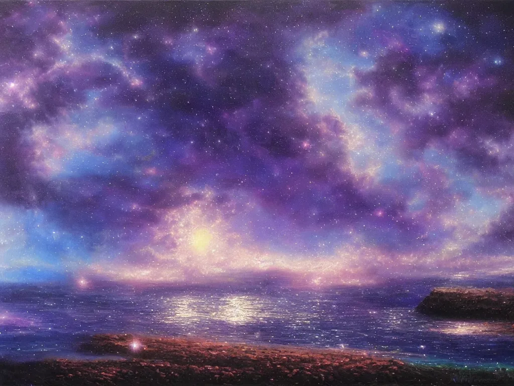 Prompt: a beautiful magical moonlit blue and purple landscape full of ethereal sparkling glowing blue lights with a beautiful galaxy sky and a glistening glittery ocean, soft lighting, ultra high detail, oil on canvas, HD, by Gilbert Williams