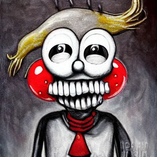 Prompt: grunge painting of spongebob with a wide smile and a red balloon by chris leib, loony toons style, pennywise style, corpse bride style, horror theme, detailed, elegant, intricate