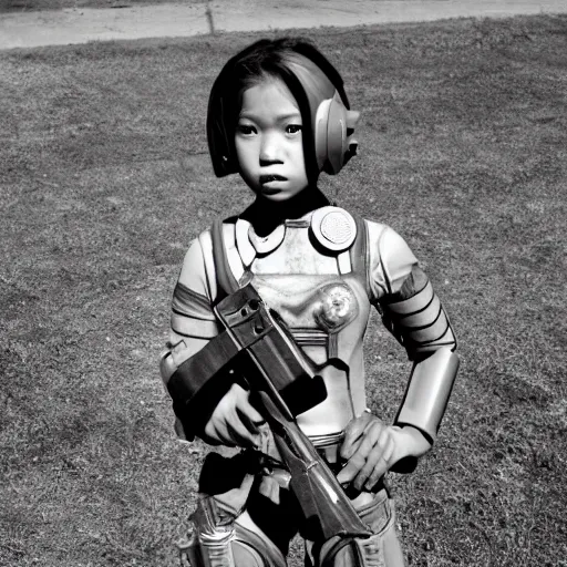 Image similar to A Filipino girl wearing Fallout 3 power armor, portrait, by Diane Arbus