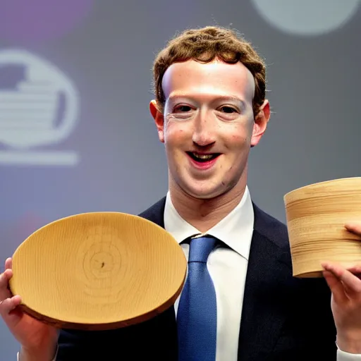 Image similar to mark zuckerberg holding circular, patterned wooden coaster up to the camera