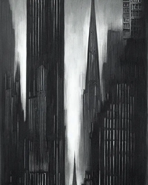 Prompt: a painting by image in the style of Hugh Ferriss. Black and dark grey. Tall, wide, imposing building in a dramatically lit metropolis. eerie. incomprehensible size.