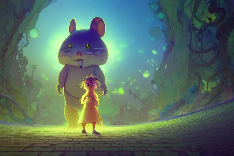 Prompt: a dreamy otherworldly 3 d render of anthropomorphic cyborg rodent on pathway to castle, studio ghibli, pixar and disney exploded - view drawing, sharp, disney octane render splatter paint vray by shinji kimura and alphonse mucha and alena aenami, maximalist pastel color palette, ( ( bloom ) ), dramatic lighting