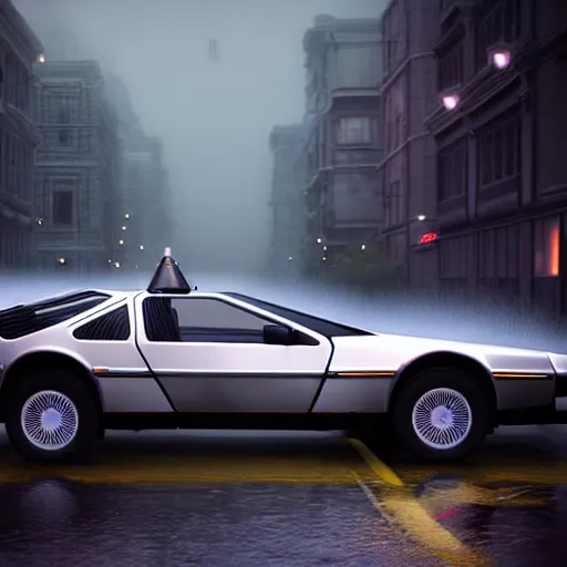 Image similar to hyperdetailed, photorealistic photograph of a dmc 1 2 delorean driving in the streets, rain, night, dense fog, hd, unreal engine 5 by greg rutowski, by stanley artgerm, by alphonse mucha