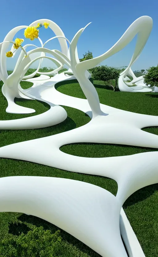 Image similar to elegant white art 3 d printed parametric installation with playful surreal tall lemon groves, beautiful sunny day, fluidity, vincent callebaut, mamou - mani, innovative voronoi pavilion with huge white magnolias above