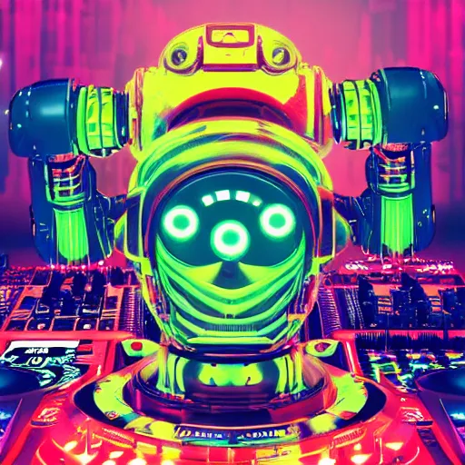 Prompt: album art for a famous dj, the album is called r. o. b. o. r. o. c. k. 3 dieselpunk robot heads with robot arms on a dj desk with a cd mixer, 8 k, fluorescent colors, halluzinogenic, multicolored, exaggerated detailed, front shot, 3 d render, octane