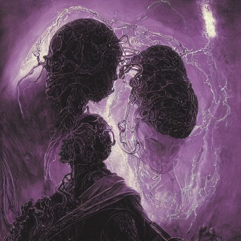 Prompt: a close - up view portrait of a silhouetted supernatural wizard in baroque neoclassicist halls with metallic alien technology. close - up view, detailed textures. glowing purple fog, dark black background. highly detailed fantasy science fiction painting by moebius, norman rockwell, frank frazetta, and syd mead. rich colors, high contrast