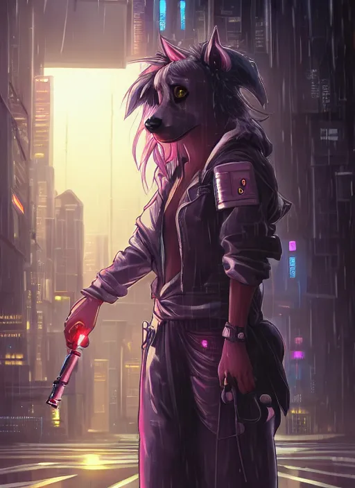 Image similar to character portrait of a cute beautiful attractive female anthro hyena fursona with long black curly hair wearing jedi robes in a cyberpunk city at night while it rains. hidari, color page, tankoban, 4K, tone mapping, Akihiko Yoshida.