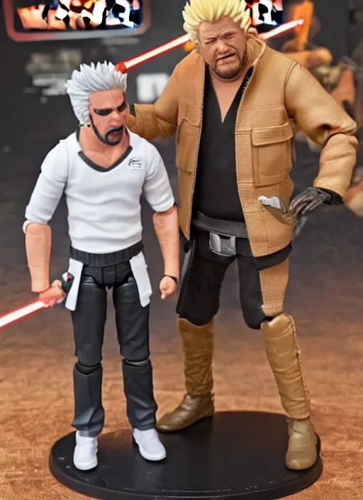 Prompt: star wars black series action figure of guy fieri fighting action figure of tony robbins, pristine toy, extremely detailed