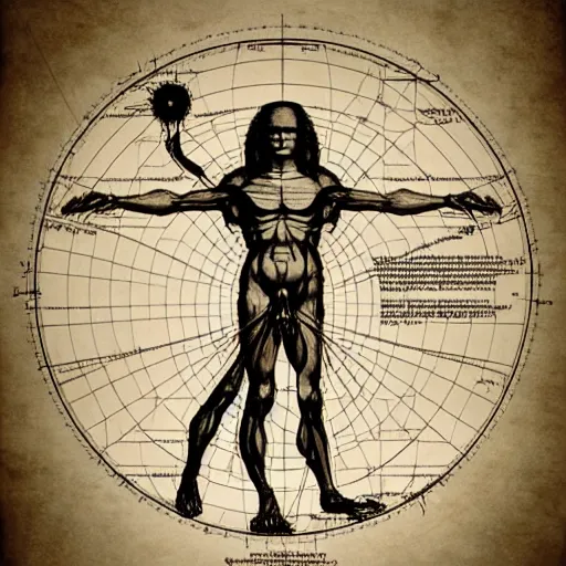 Prompt: da vinci's vitruvian predator, schematics predator from the movie proportions on a circle, blueprint, hyperdetailed vector technical documents, callouts, archviz, legend, patent registry