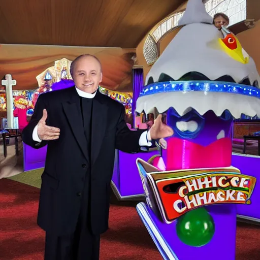 Image similar to Chuck E. Cheese as a priest in a church