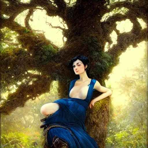 Image similar to portrait of a strong woman resting on a large tree, short black hair, thoughtful experssion, minimal dark blue clothing, sharp focus, ultra realistic digital painting, colorful, backlit, high fantasy, intricate, highly detailed, smooth, elegant, gaston bussiere, bayard wu, greg rutkowski