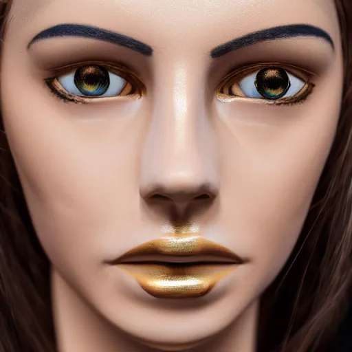 Image similar to portrait photograph of an incredibly realistic porcelain woman with symmetrical, fine gold drawings on the skin. Macro details. 8k.
