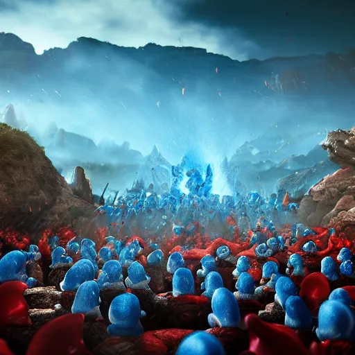 Image similar to hundreds of blue smurfs fighting hundreds of red smurfs with medieval weapons battling on an epic battlefield with a desolate rocky plateau, moon shining golden light, miniaturecore, supremely digital, medieval, pixar render, super detailed, outstanding detail, dreamlike lighting, god rays