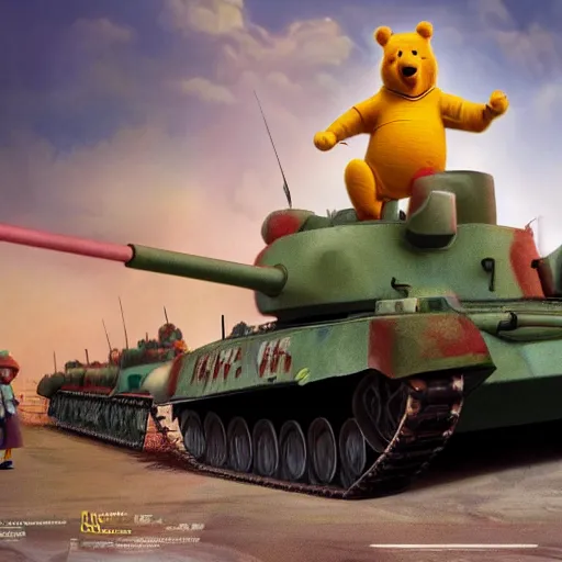 Prompt: winnie the pooh as tank man at tiananmen square sitting down in front of chinese tanks, award winning photography, extremely detailed, artstation, 8 k, sensual lighting, incredible art, wlop, artgerm