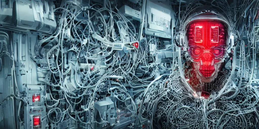 Image similar to cyborg in the data center, wired to the equipmen, red biomechanical details, wearing epic bionic cyborg implants, inflateble shapes, masterpiece, intricate, biopunk, highly detailed, artstation, concept art, cottage core, cinematic focus, polaroid photo, bleached, vintage, high - key lighting, soft lights, foggy, by tarkovsky, 8 k