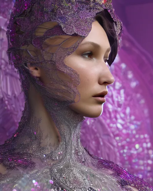 Image similar to a highly detailed metahuman 8 k close up render of bella hadid with a veil on her head and face renaissance in iris van herpen dress schiaparelli in diamonds crystals swarovski and jewelry iridescent in style of alphonse mucha trending on artstation made in unreal engine 4