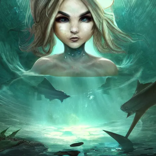 Image similar to Mysterious city under water. The Lost World of Atlantis. Alien marine beautiful woman looks at us. Big eyes, small genus, smile. Forehead tattoo. . Digital art. Super detail, 4k, wow, artstation trending