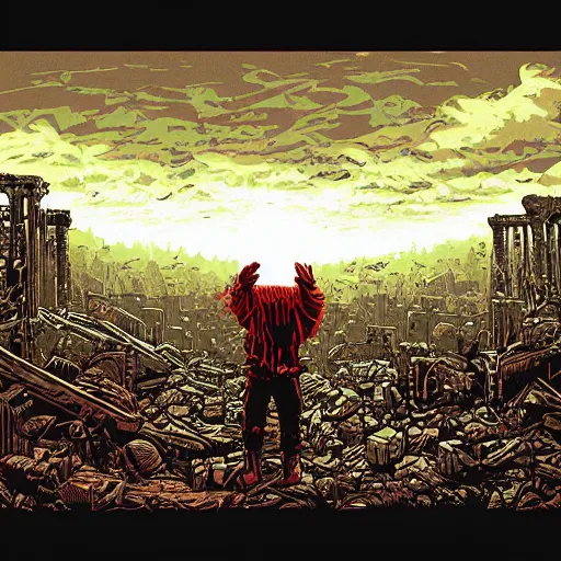 Prompt: a child with bloody red hands standing in ruins by Dan Mumford