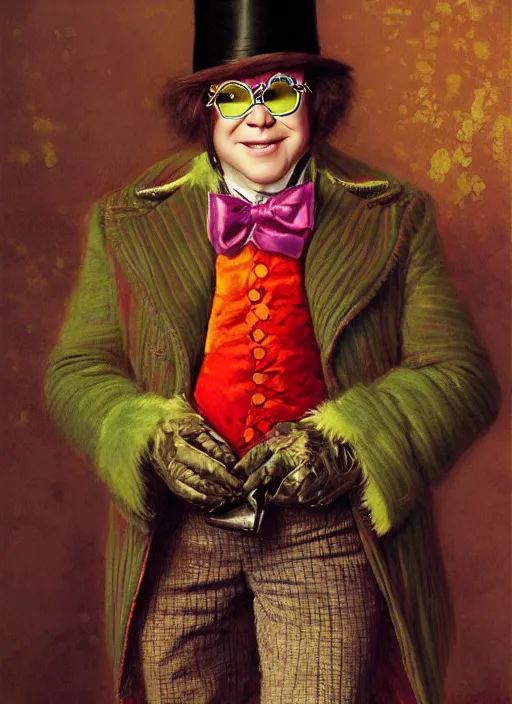 Prompt: elton john dressed as willy wonka, digital art by eugene de blaas and ross tran, vibrant color scheme, intricately detailed, in the style of romanticism, cinematic, artstation, greg rutkowski