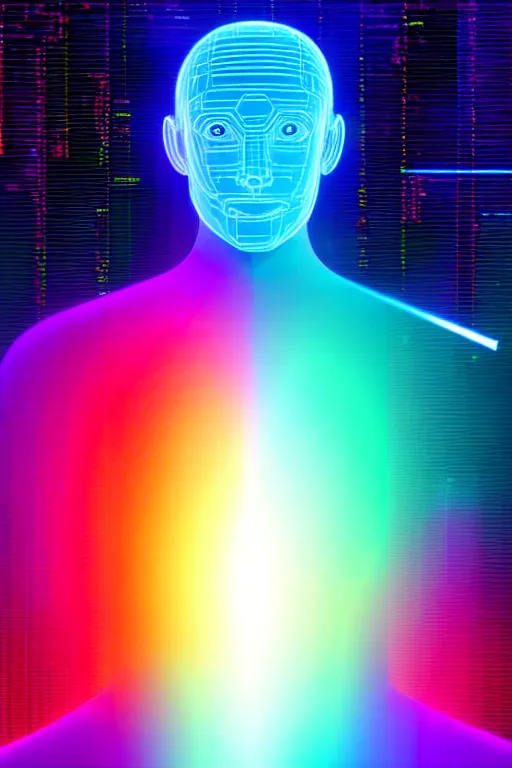 Image similar to portrait of the god of artificial intelligence as a hologram, in front of a rainbow of data, threads of light in the background, extremely high quality artwork, very detailed, obscured face, anthropomorphic silhouette, trending on artstation