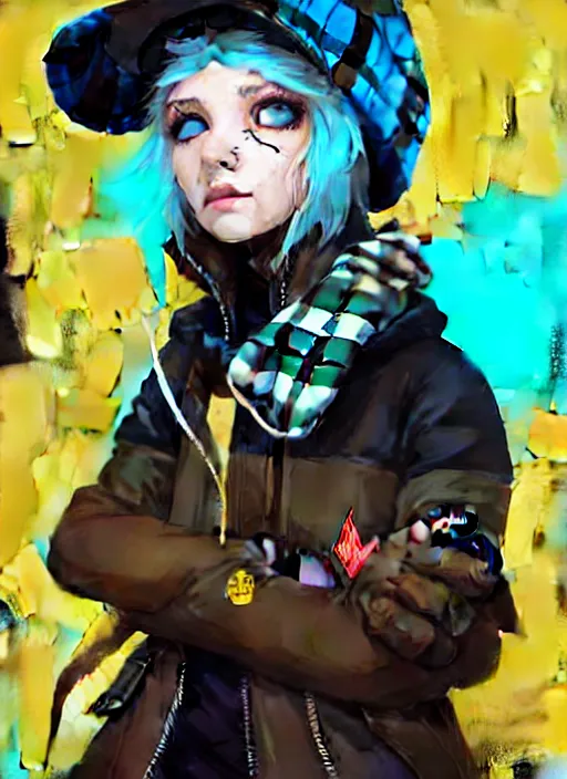 Image similar to highly detailed portrait of a sewer punk lady student, blue eyes, tartan hoody, hat, white hair by atey ghailan, by greg tocchini, by joe fenton, gradient yellow, black, brown and cyan color scheme, grunge aesthetic!!! ( ( graffiti tag wall ) )