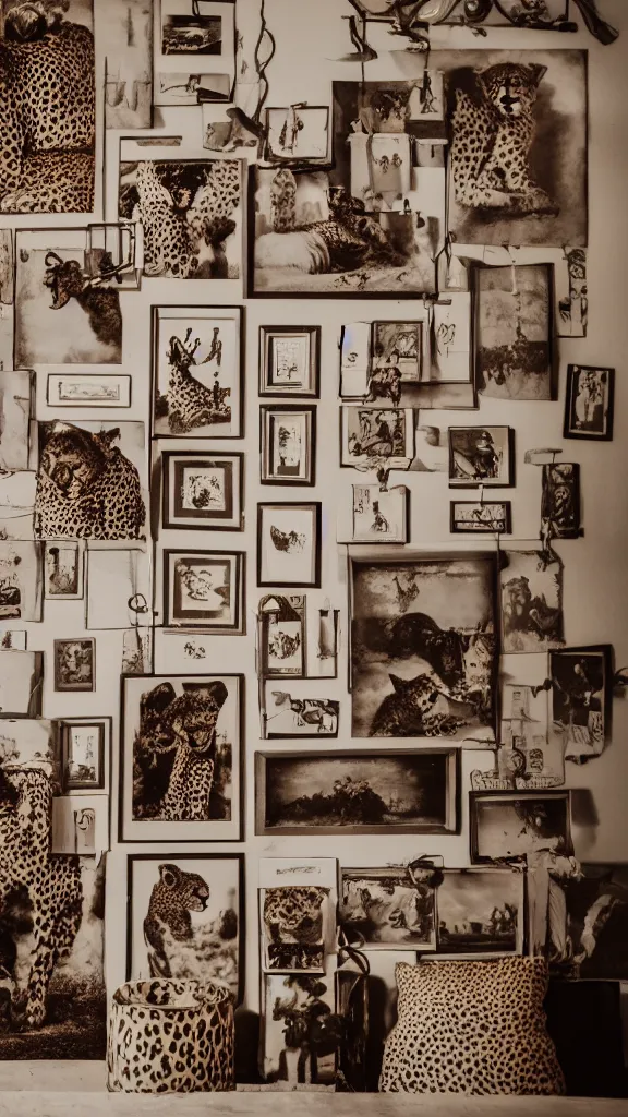 Prompt: photography of a cheetah in vintage room, a lot of frames hanging out of wall