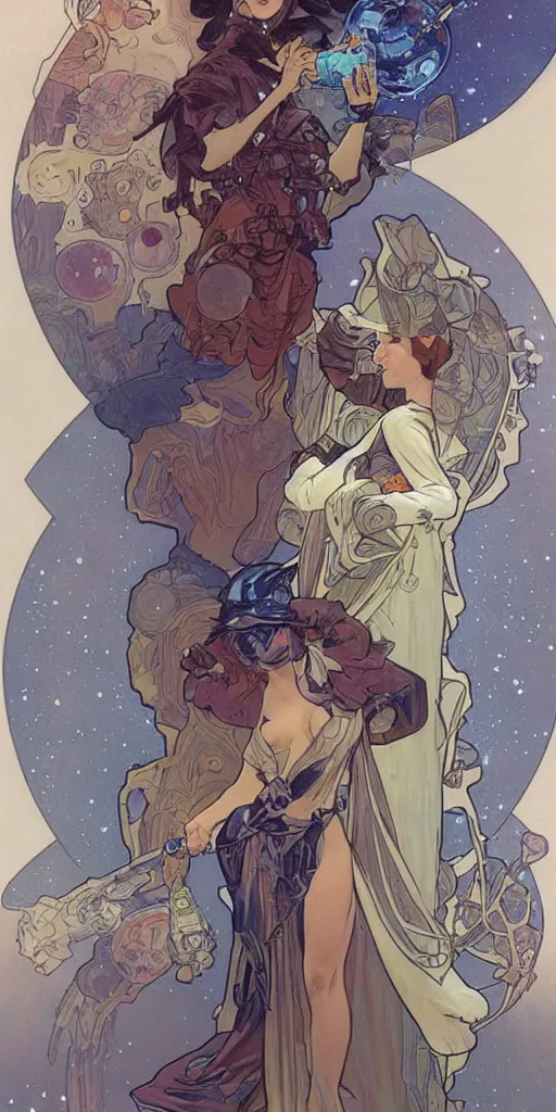 Image similar to a woman wearing outer space as a dress, pouring water from a vase into the milky way, by travis charest, by alphonse mucha, battle chasers.