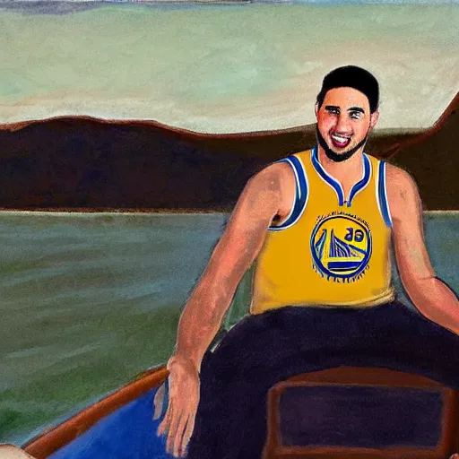 Prompt: klay thompson on a boat with his bulldog, by georgia o'keefe, by mark rothko