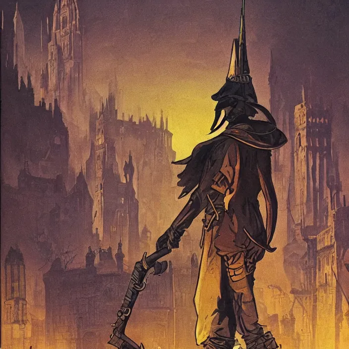 Image similar to t hunter from bloodborne in retrofuturism yharnam, style by retrofuturism, faded red and yelow, by malcolm smith, old comics in city, nicholas roerich,