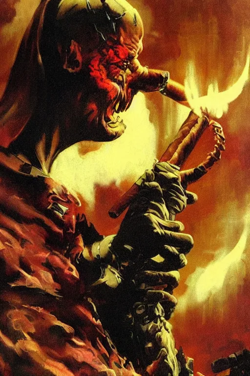 Prompt: A demon smoking a cigar in a cyberpunk setting, by Frank Frazetta, dramatic lighting, 1980s colours, as trending on Artstation, highly detailed,