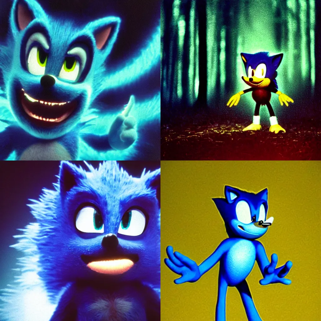 Prompt: ektachrome medium format provia film still of a sonic the hedgehog blue forest creature with fangs and claws, warped VHS, anomorphic lens flare, creepypasta, 1986