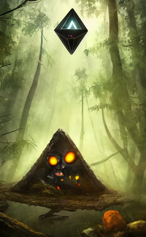 Image similar to dark fantasy photorealistic concept art of bill cipher floating in the middle of a forest with glowing yellow eyes, and pebbles floating in the air, gloomy seen, dynamic lighting, ambient lighting, atmospherical, stunning visuals, creative, cinematic, ultra detailed, trending on art station