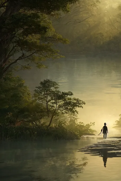 Image similar to a wholesome cottagecore illustration of a man walking on the backs of a river with his shadow flowing behind, studio Ghibli, Pixar and Disney animation, sharp, Rendered in Redshift and Unreal Engine 5 by Greg Rutkowski, Bloom, dramatic lighting