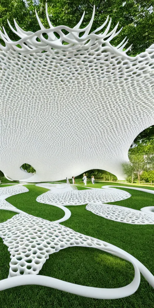 Image similar to elegant white art 3 d printed parametric installation with playful surreal tall lemon groves, urban playground, fluidity, vincent callebaut, mamou - mani, voronoi pavilion with white magnolia above