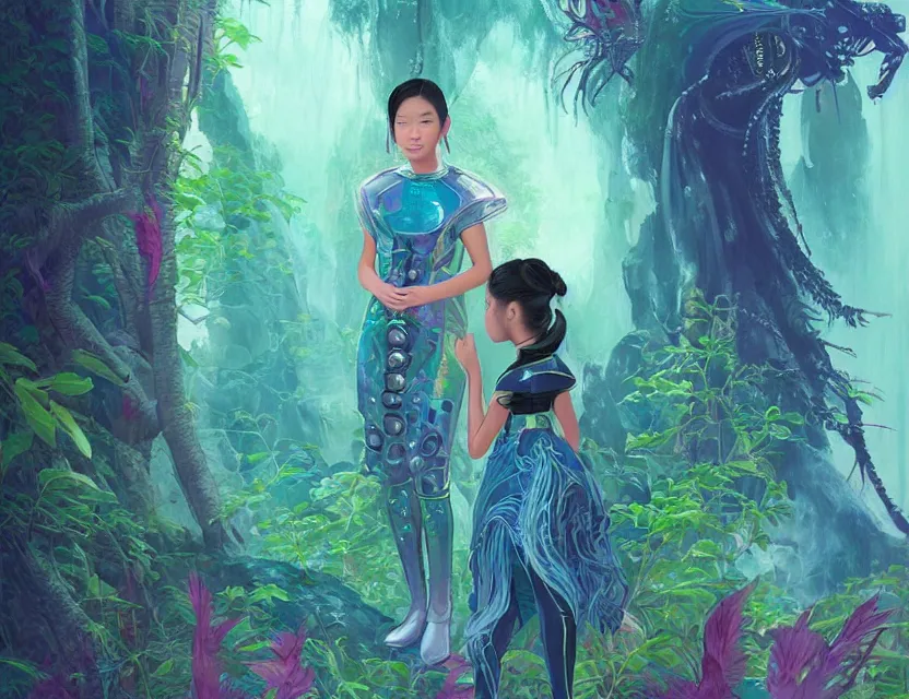 Image similar to southeast asian scifi princess of the cloud forest, wearing a lovely dress with cyberpunk details. this oil painting by the beloved children's book author has an interesting color scheme and impeccable lighting.