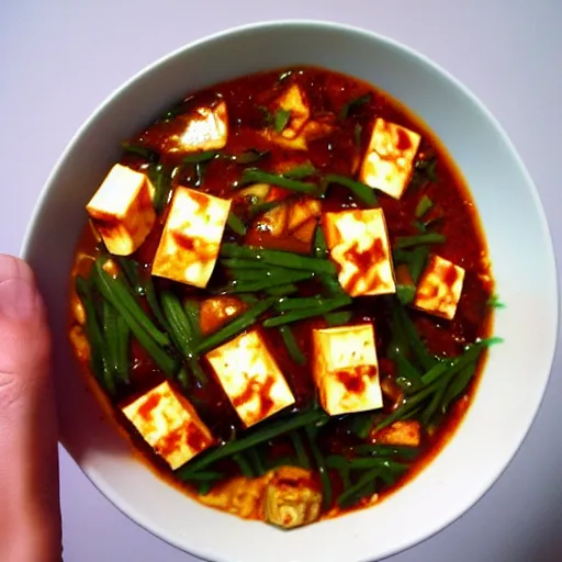 Prompt: mapo tofu cartoon, anime food, studio ghibli food
