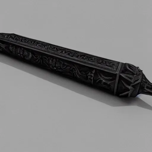 Image similar to a black sword skull handle, ornament, on a white background, a 3 d render by dom qwek, studio lighting, raytracing, trending on polycount, futurism, hard surface modeling, rendered in maya, artstation hd