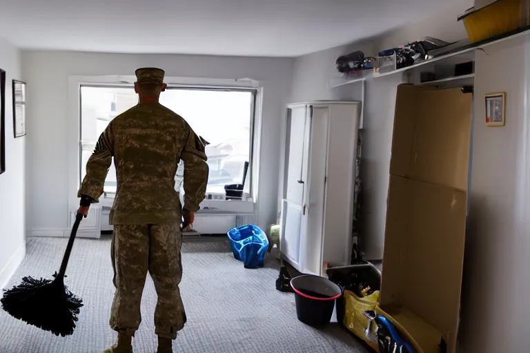 Image similar to a new yorker style cartoo of a soldier cleaning a room