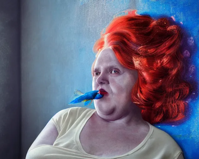 Prompt: an innocent and beautiful scene in hyper realistic style, about an fat old woman, wearing black lace jumpsuit, and painting a huge colorful fish on the wall, lighting from the barred window. shadows. 4 k. wide angle. wild. red mouth, blue eyes. deep focus, lovely scene. ambient occlusion render. unreal engine.