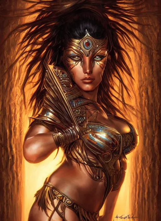 Image similar to a highly detailed symmetrical painting of a female amazon warrior with piercing beautiful eyes in dark tomb setting, dynamic lighting, ambient lighting, deviantart, art by artgerm and karol bak and mark brooks