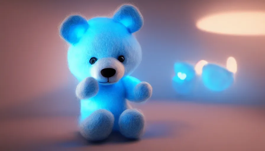 Prompt: blue teddy bear fluffy toy made of wool volumetric light, photo shoot, hyperdetailed, artstation, cgsociety, by denis villenueve 8 k