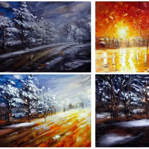 Image similar to painting depicting all four season in one, concept art, artstation, detailed, impressionism, oil on canvas, snow on the ground