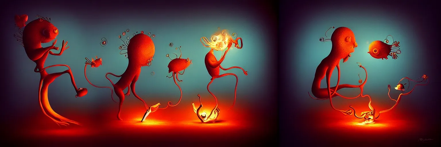 Image similar to whimsical microscopic creatures from the depths of the mind, dramatic lighting from fire glow, surreal darkly painting by ronny khalil
