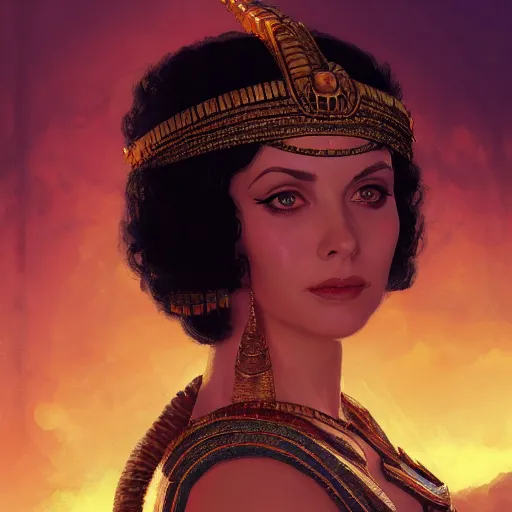 Image similar to closeup portrait of a young vivian leigh as cleopatra, palace background, dramatic light, gorgeous view, depth, high detail, digital art, painted by greg rutkowski, trending on artstation