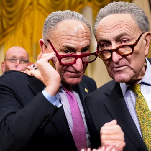 Image similar to Chuck Schumer as a magician pulling Joe Manchin out of a hat