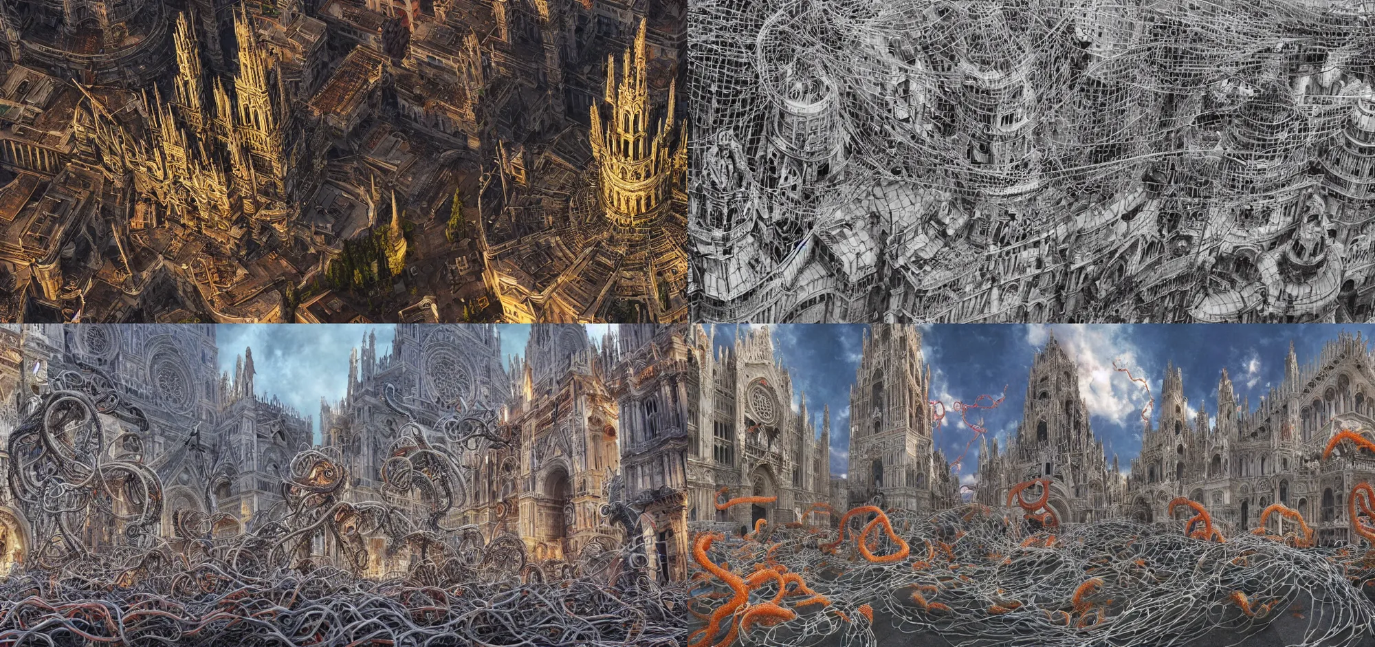 Prompt: The Duomo Square in Italy ravaged by alien tentacles and enmeshed wires art by Yoshitaka Amano and Satoshi Kon, 4k hyper detailed, trending on artstation, wide angle