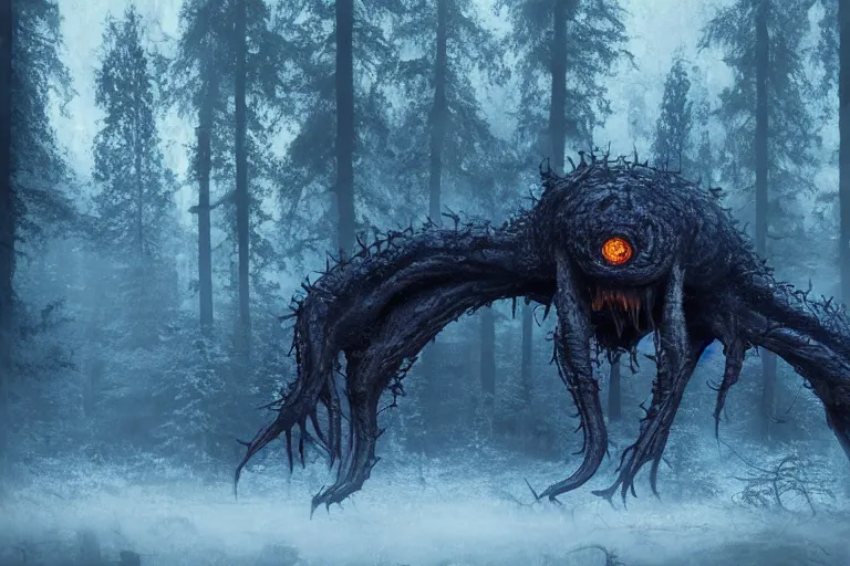 Image similar to dark eldritch monster in a swedish forest, very low angle photograph, very detailed, trending on artstation, realistic, soft colors, simon stålenhag, lovecraft, horror